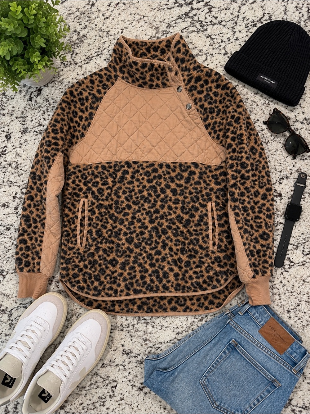 Abercrombie & Fitch Leopard Print Sherpa Jacket with Tan Trim